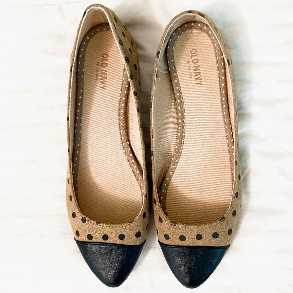 Old Navy Womens 8 Polka Dot Cap Toe Pointed Ballet Flats Tan Black Office Casual